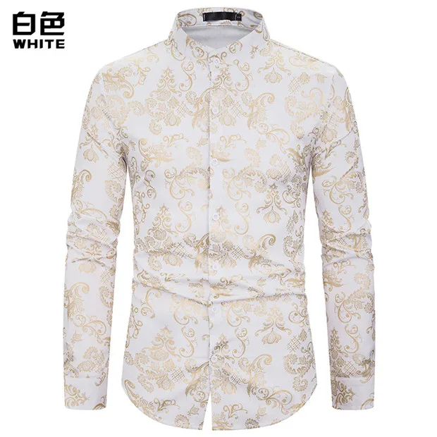 white Для мужчин s ночной клуб Пейсли бронзовое платье рубашки Slim Fit Мандарин воротник рубашки мужские вечерние свадебные рубашка барокко Camisa Masculina - Цвет: white