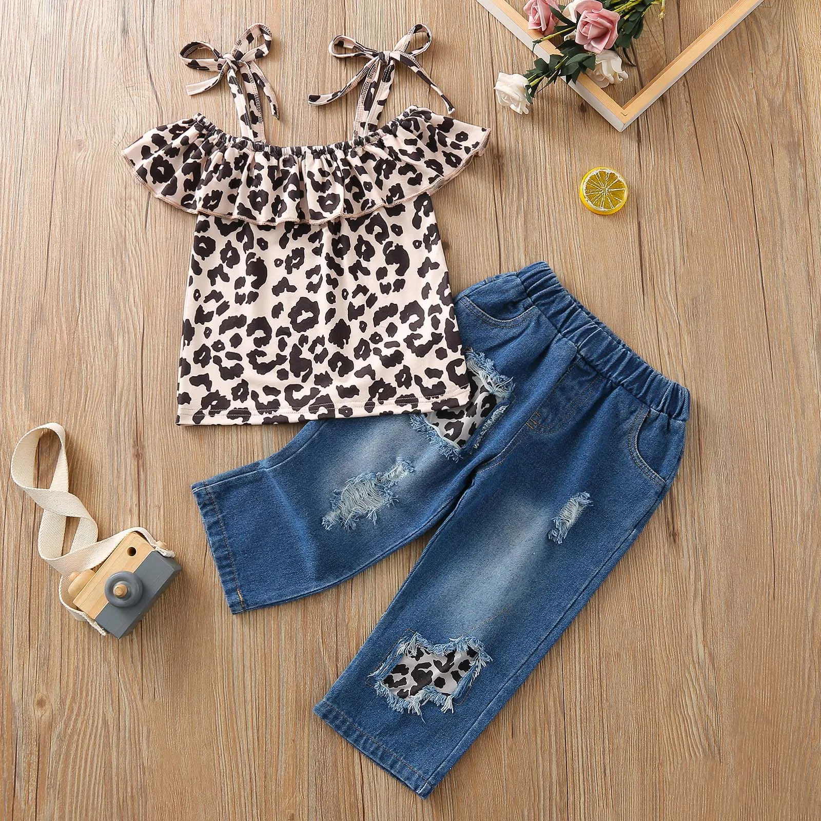 2021 Toddler Summer Clothes Stylish Girl's Lacing Leopard Top Ripped