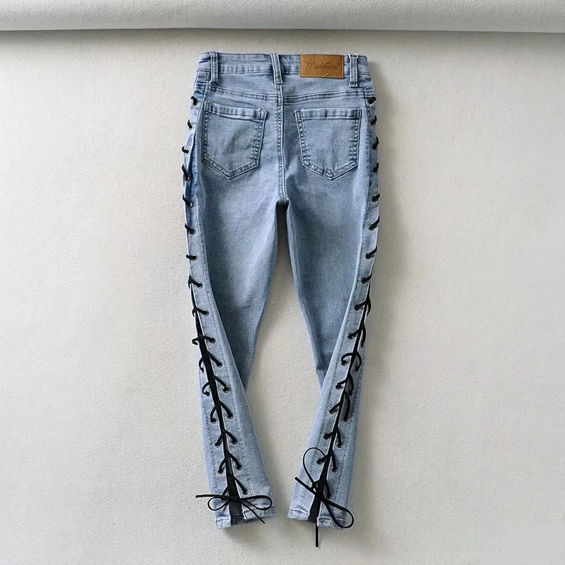 Women's Summer  Jeans High Waist Sexy Hip Hip Denim Pants Side Cross Tie Rope Trousers Nine-point Pants capri dress