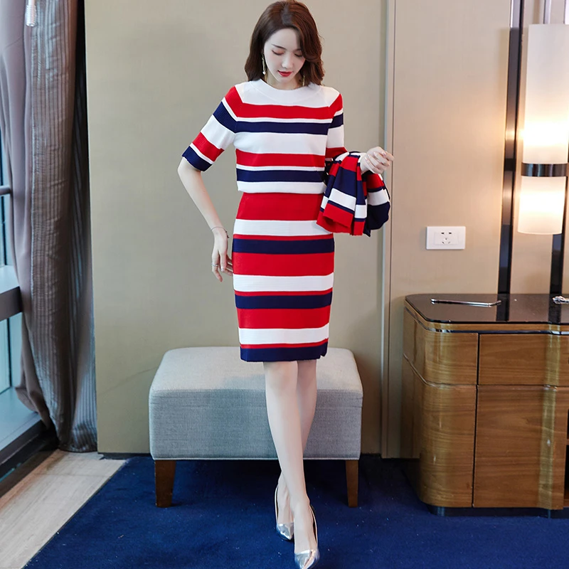 Knitted Striped 3 Pieces Set Women Single-Breasted Cardigan+ Short Sleeve Pullover Tops+ Bodycon Skirt Suit Women's Sets