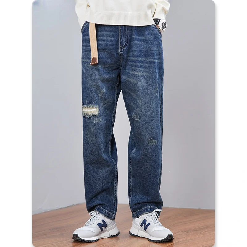 Vintage Men's Jeans Straight Tube Loose Fashion Pants Autumn New Korean Harajuku Clothing Trousers Male Streetwear Ripped Jeans 1