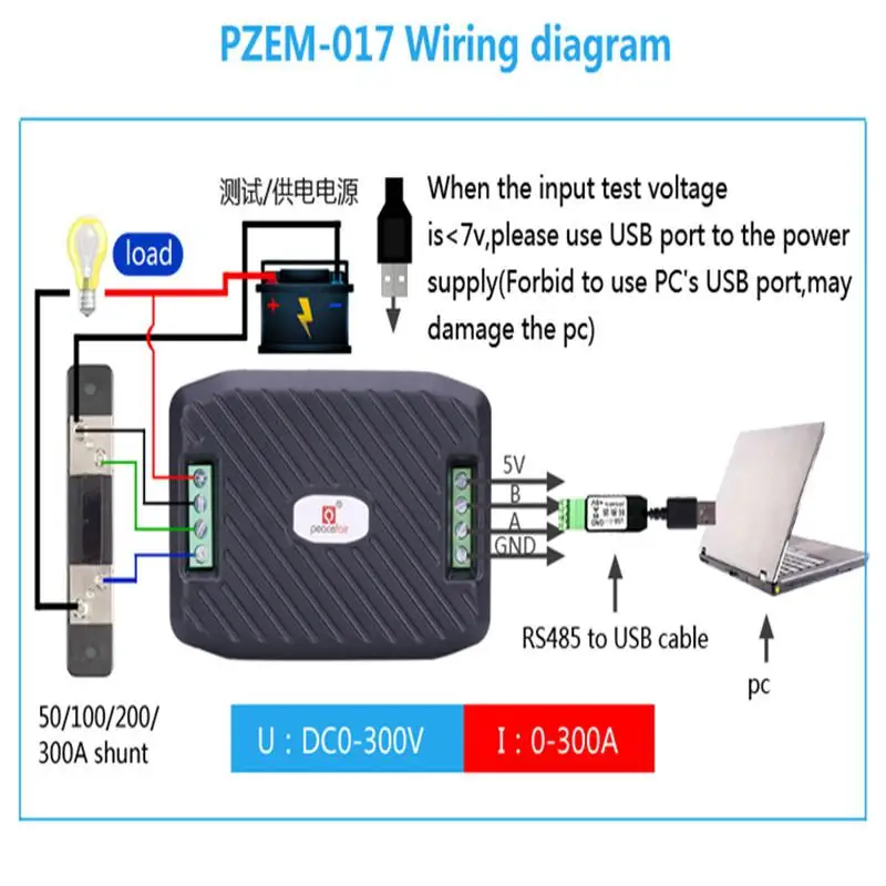 SOLLED PZEM-017 DC 0-300V Вольты ампреметр RS485 Modbus напряжение тока мощность энергии цифровой ваттметр с 50A шунт