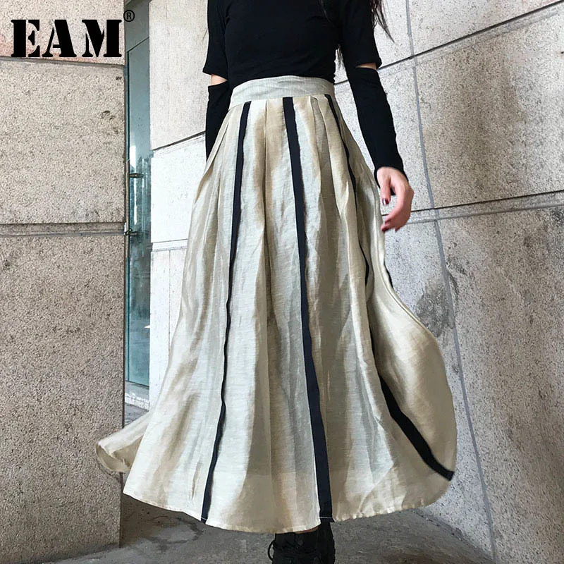 Temperament Spring Split-Joint Skirt Women Color High-Waist Fashion EAM Striped Tide