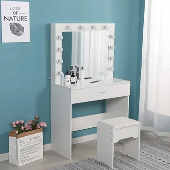 

Vanity Set With Lighted Mirror Cushioned Stool Dressing Table Makeup Table