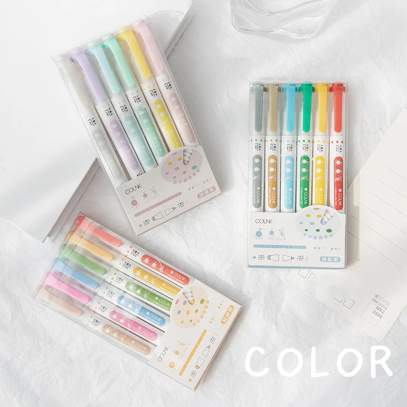6pcs Light Color Dot Highlighter Pen Set Dual Side Fine Liner & Spot Marker For Drawing Painting Office School Supplies F279 highlighter marker highlighter pen marker pen