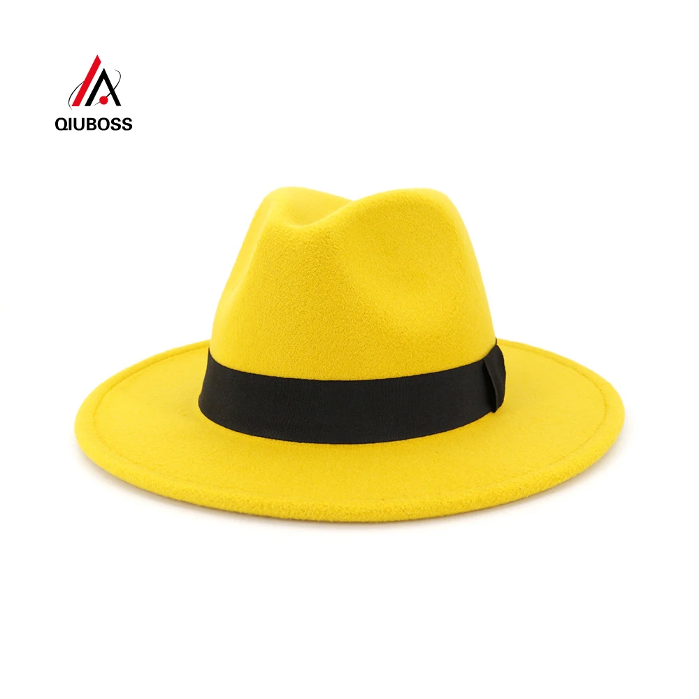 

QIUBOSS Trend Unisex Wool Felt Jazz Fedora Hats Casual Men Women Ribbon Band Wide Brim Felt Hat Panama Trilby Formal Party Cap