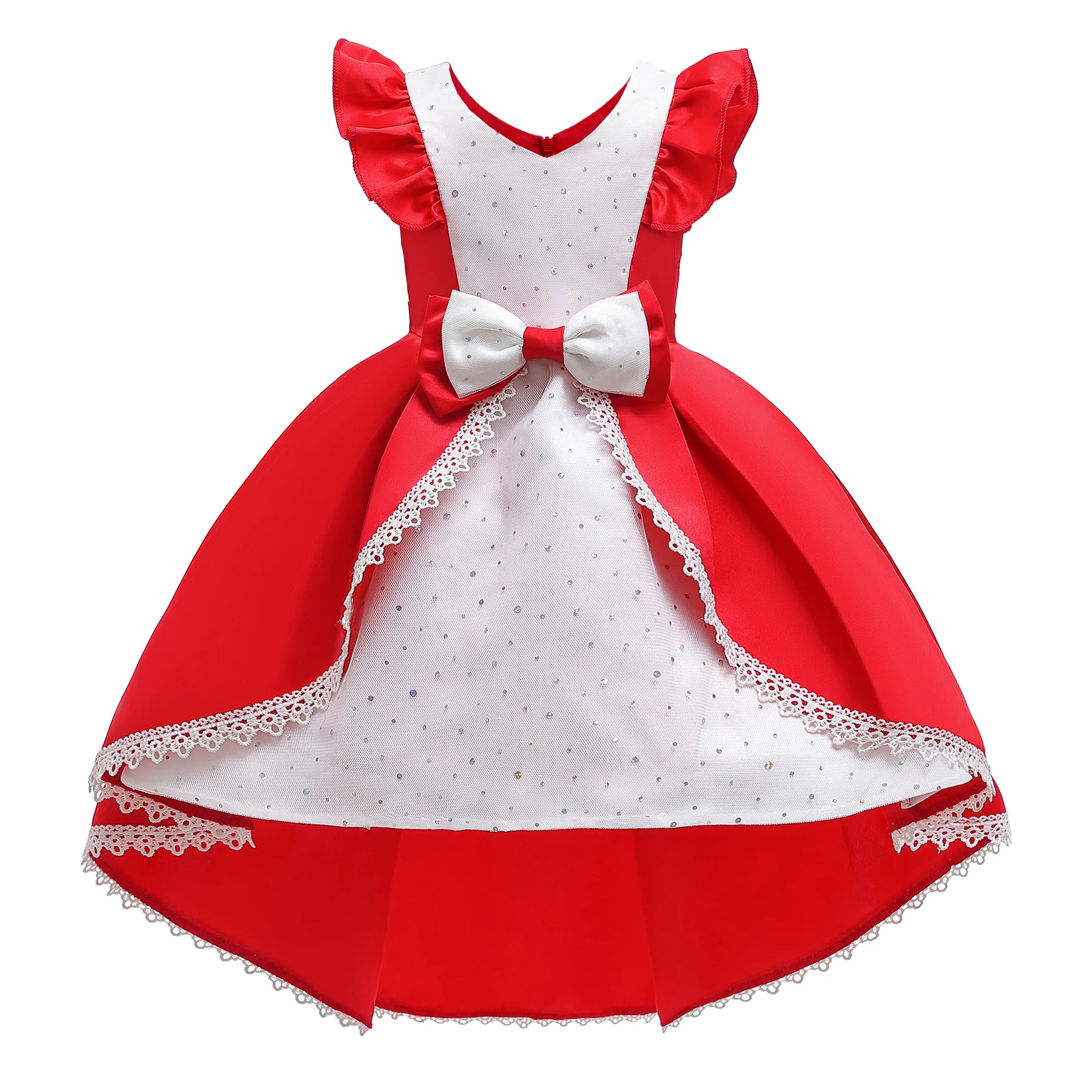 Сатиновое платье с блестками для девочек; рождественское платье с расклешенными рукавами для девочек; пышные фатиновые Детские платья для девочек; платье принцессы; праздничное платье - Цвет: D1928-Red