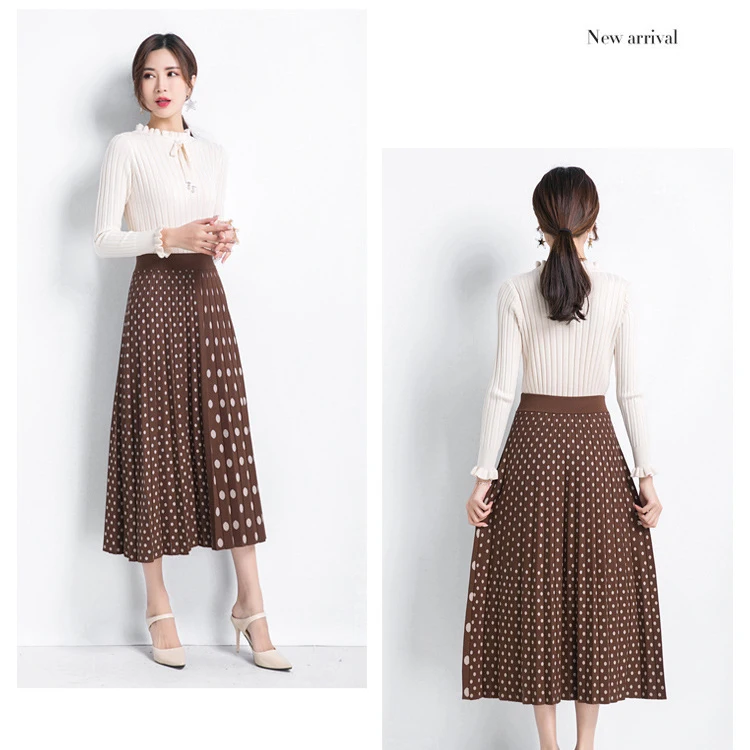 Sherhure High Waist Dots Print Knitted Women Winter A-Line Long Skirt Fashion Autumn Brown Skirt Faldas Jupe Femme Saia