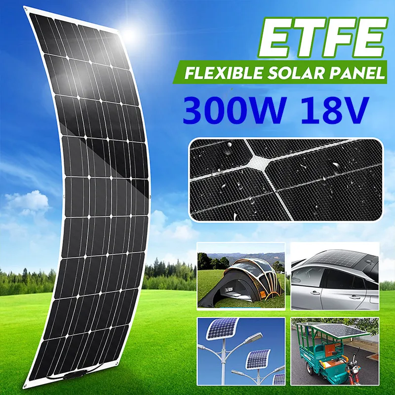 

300W 18V Solar Panel Semi-flexible Monocrystalline Solar Cell DIY Module Cable Outdoor Connector Battery Charger Waterproof
