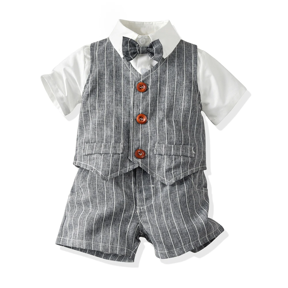 Топ и топ, весенне-осенний костюм джентльмена для маленьких мальчиков, белая рубашка с галстуком-бабочкой+ полосатый жилет+ брюки, комплект деловой детской одежды из 3 предметов - Цвет: Черный
