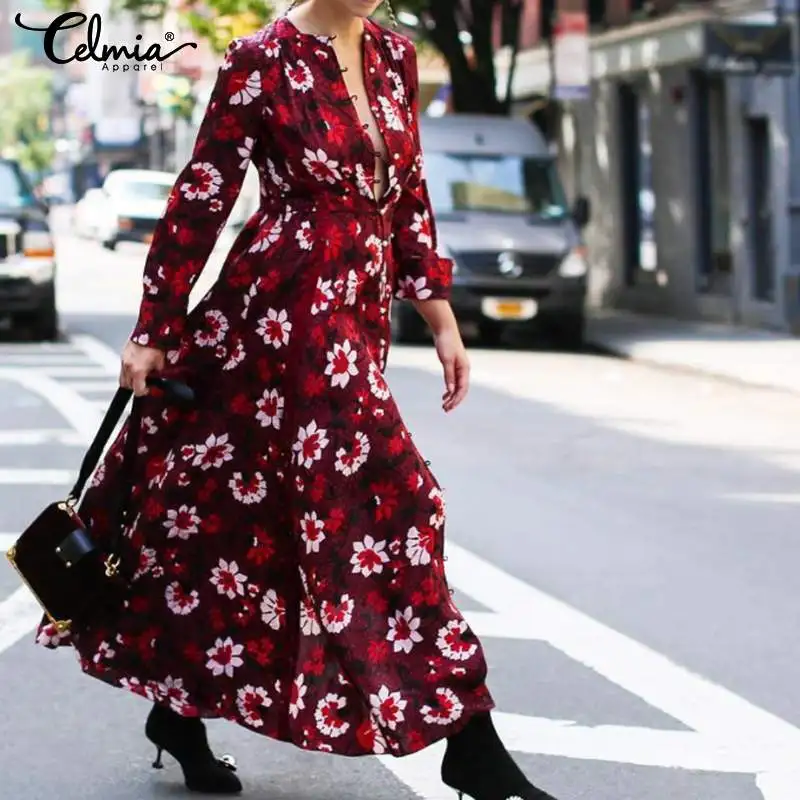 

Vintage Floral Print Dress Celmia 2019 Fashion Women Sexy Maxi Long Dress Button Casual Loose Pleated Holiday Vestidos Oversized