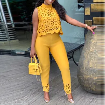 

Women Jumpsuits Lace Autumn Sleeveless Solid Crop Top And Pant Womens Office Lady Work Two Piece Set Outfit