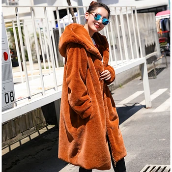 

Women Winter Thick Warm Hooded X-Long Faux Fur Jacket Female High Quality Fluffy Rabbit Fur Coat Plus Size Loose Parkas