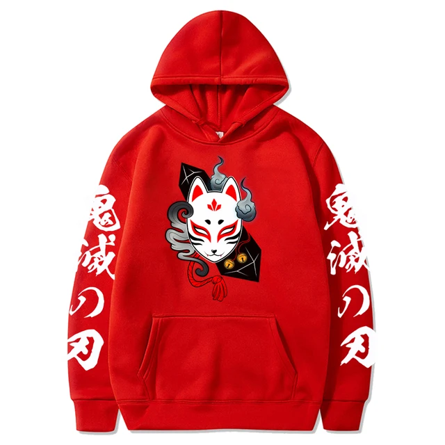 Anime Demon Slayer Hoodie Men and Women Print Pullovers Harajuku Sweatshirts Long Sleeve Loose Streetwear Hoodie Tops Red
