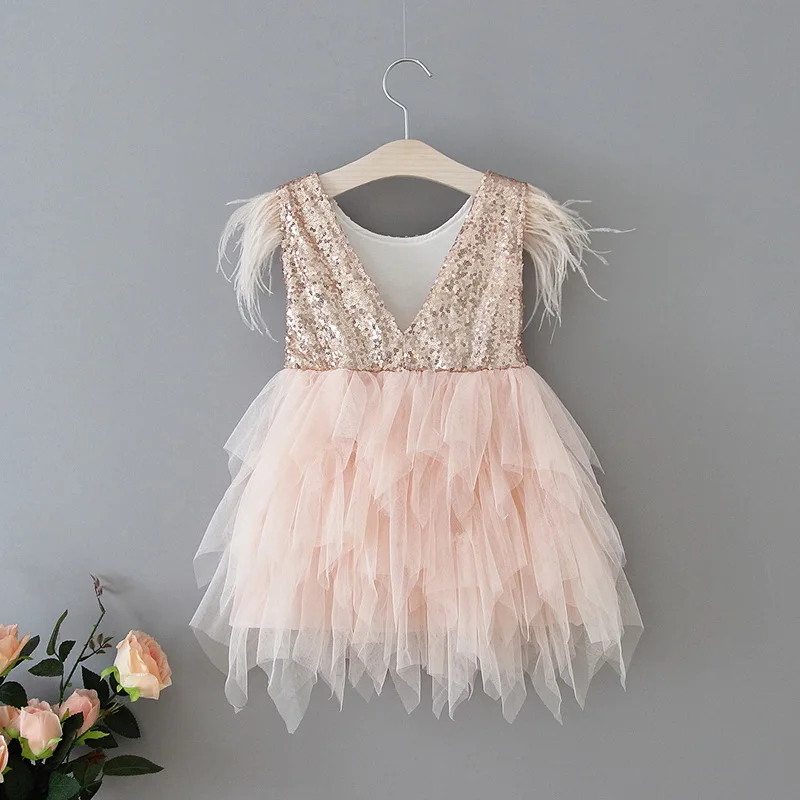 69-8-Feather Sequins Tiered Girls Dress