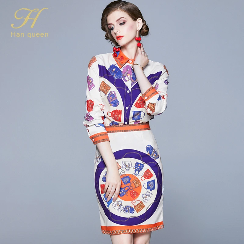H Han queen OL, комплект из 2 предметов, Женская Осенняя шифоновая рубашка с длинными рукавами и узкое облегающее платье с принтом, юбка, юбка офисная одежда