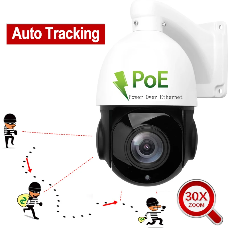 

IP66 Outdoor POE 2MP Auto Tracking PTZ Camera Person Detection Humanoid Recognition H.265 IP Camera IR 50M Auto Tracker 30X ZOOM
