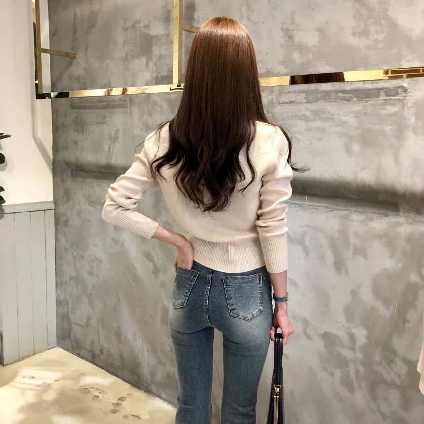 Autumn New Arrival Korean V Collar Solid Color Knit Woman Sweater