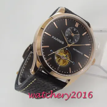

43MM PARNIS Black dial Rose Golden GMT Leather stainless ST Automatic Movement mens Watch