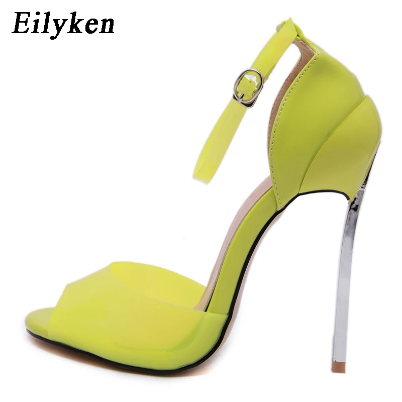 Yellow Eilyken/ модные пикантные вечерние босоножки на высоком каблуке с ремешком и пряжкой на щиколотке из прозрачного ПВХ с открытым носком женские Клубные туфли-лодочки - Цвет: Yellow