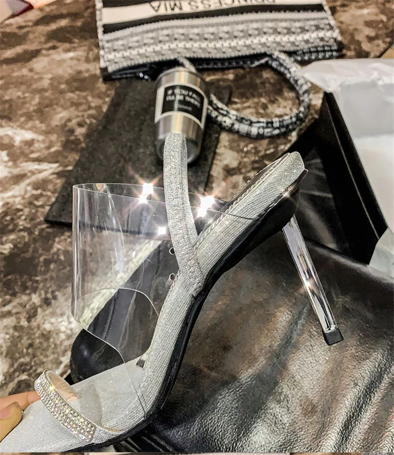 Fashion Rhinestone PVC Transparent Shoes Stilettos High Heels Sandals Women Sexy Party Silver Party Wedding Shoes Ladies Sandals (4)