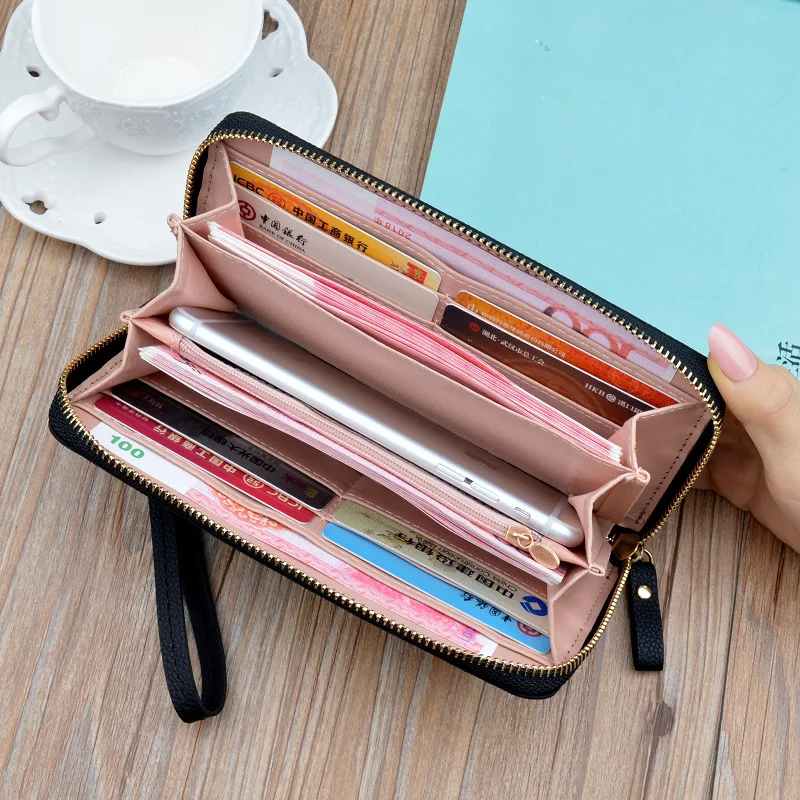 Women Long Wallet Wristband Female Many Departments Zipper Purse Checked Embossed Wallets Phone Pocket Card Holder Ladies Clutch