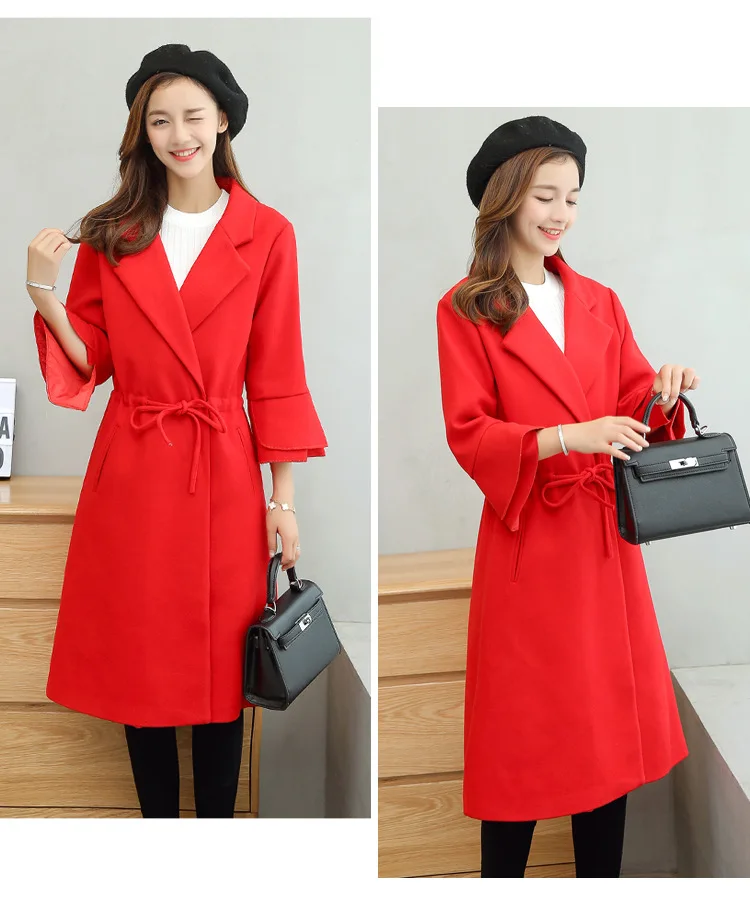 Autumn And Winter New Style Korean-style Long Sleeve Fold-down Collar Loose-Fit Flounced Sleeves Long Drawstring Duffle Coa