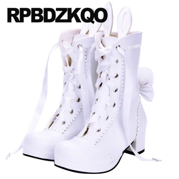 

cute lolita high heel chunky white 12 44 flatform shoes wedge women ankle boots medium plus size 13 45 bow waterproof muffin