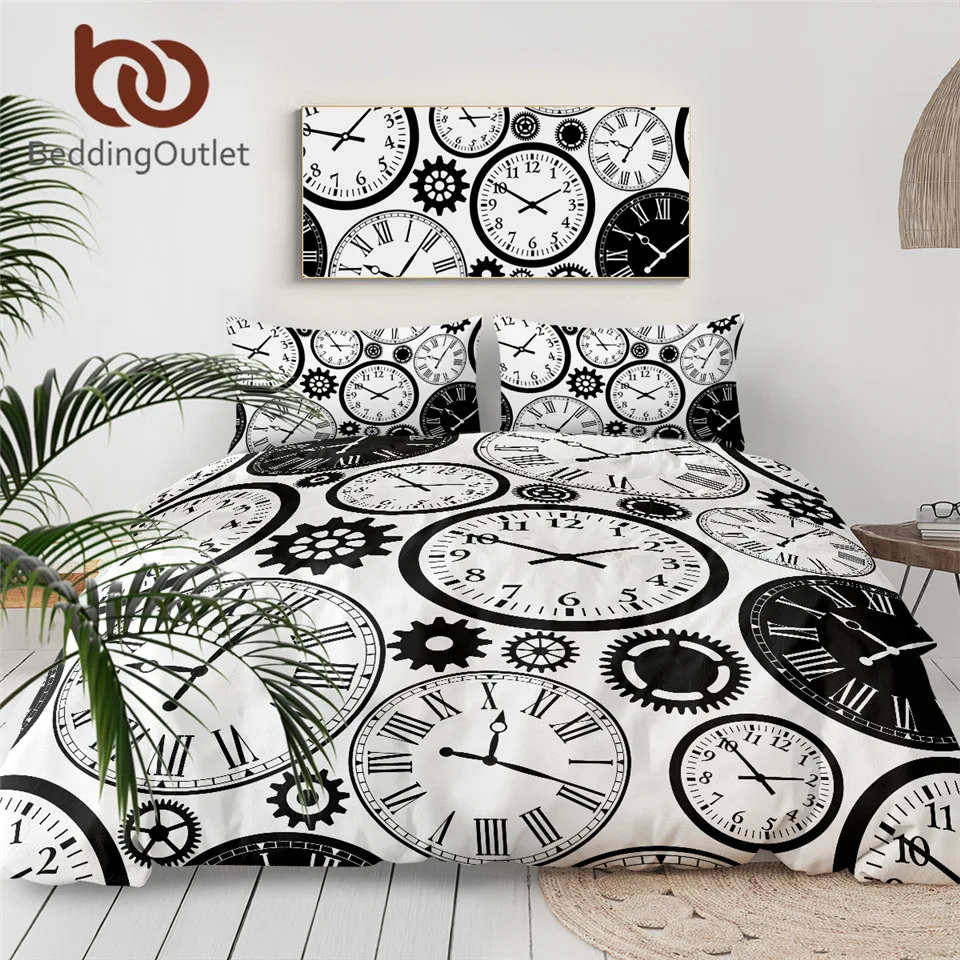 BeddingOutlet часы время Комплект постельного белья Король Черный и белый пододеяльник классический домашний текстиль шестерни покрывала 3 шт Прямая поставка