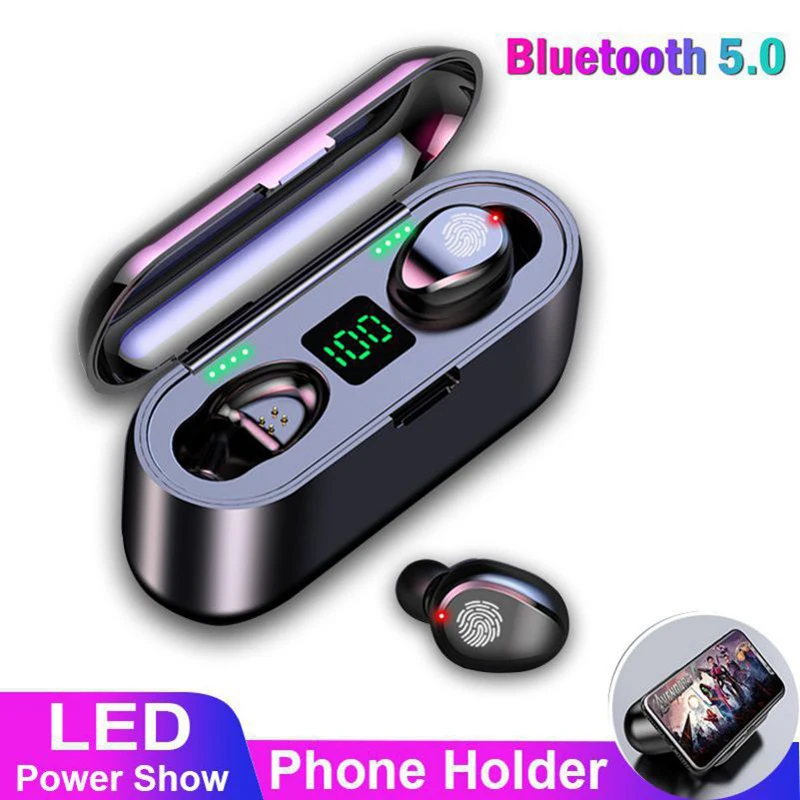 F9 TWS V5 0 Bluetooth Headset Wireless Sport Wireless Earphones Earphone with LED 2000 mAh Charging Bin Phone Holder