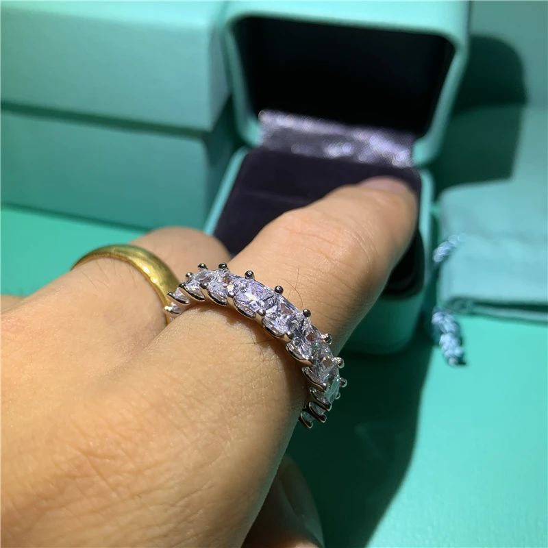 Luxury Jewelry Real 925 Sterling Silver Princess Cut Full White 5A Cubic Zirconia Party Hot Wedding Band Ring Gift