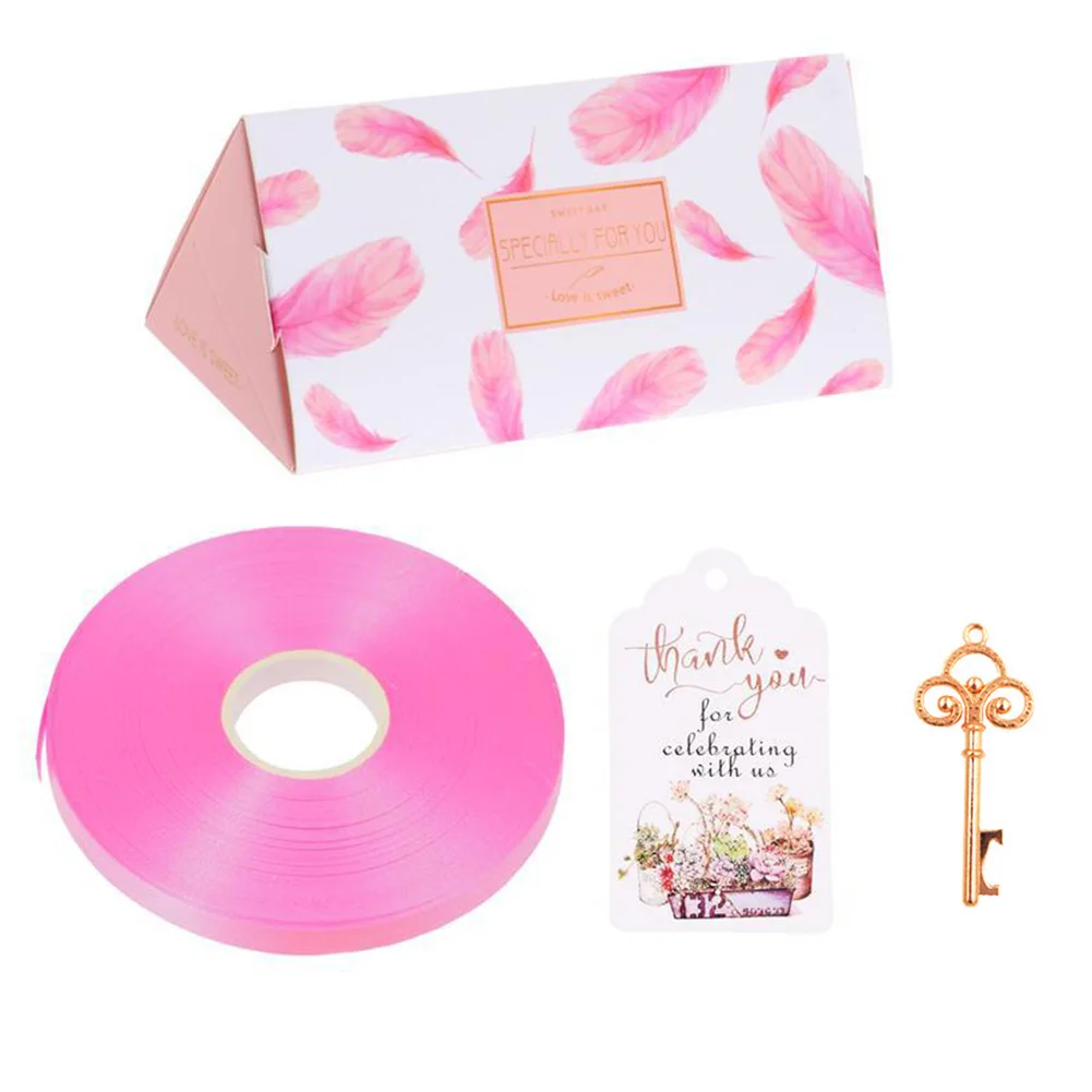 20pcs Ribbons Party With Bottle Holder Paper Triangular Candy Box Elegant Feather Print Wedding Keys Card Decoration Gifts