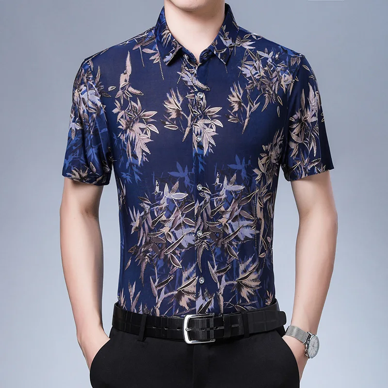 

C-5813 Creative digital printing fashion slim short sleeve shirt Summer New quality soft comfortable icy smooth men shirt M-XXXL