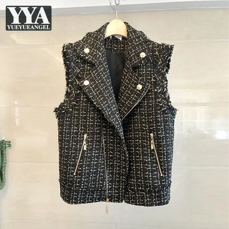 

Autumn Womens Tweed Vest Fashion Zipper Turn-Down Collar Tassel Sleeveless Jacket Loose Fit Streetwear Lady Plaid Waistcoat