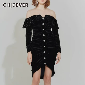 

CHICEVER Patchwork Diamonds Dress for Female Women's Dresses Slash Neck Long Sleeve High Waist Ruched Irregular Hem Fashion tide