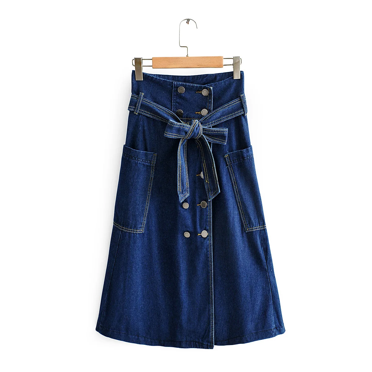 

2020 Spring New Style Casual Retro High-waisted A- line Versatile Double Breasted Lace-up Large Pocket Denim Skirt