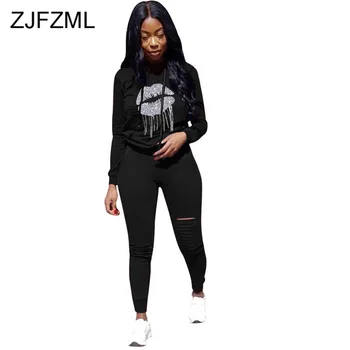 

Tassels Lips Printed Sexy Two Piece Set Sweatsuits for Women Hooded Full Sleeve Tshirt + Ripped Hole Pants Fall Winter Outfits
