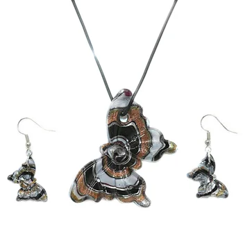 

Black Butterfly Necklace and Earrings Set Vintage Murano Glass Pendant Jewelries Gift for Women