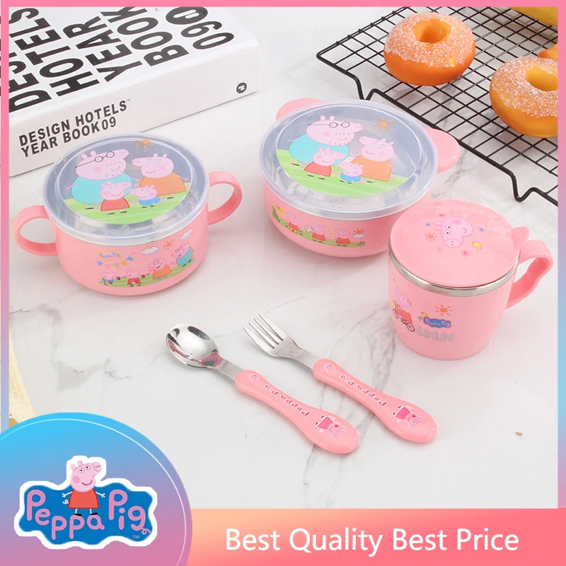 

stainless steel tableware Original Peppa Pig figure Anti-fall cup Bowl spoon knife and fork set gift for children