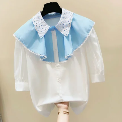 

2020 Summer Shirt Women New Korean Style Color Matching Doll Collar Lace Panel Puff Sleeve Short Sleeve Blouse Ladies Tops Blusa