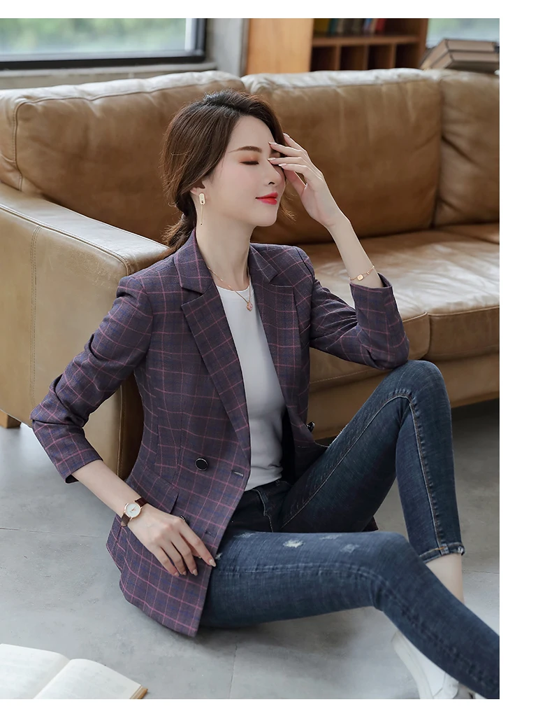 Модный женский Блейзер длинный рукав двубортный серый фиолетовый клетчатый тонкий пиджак офисный Женский Повседневный пиджак