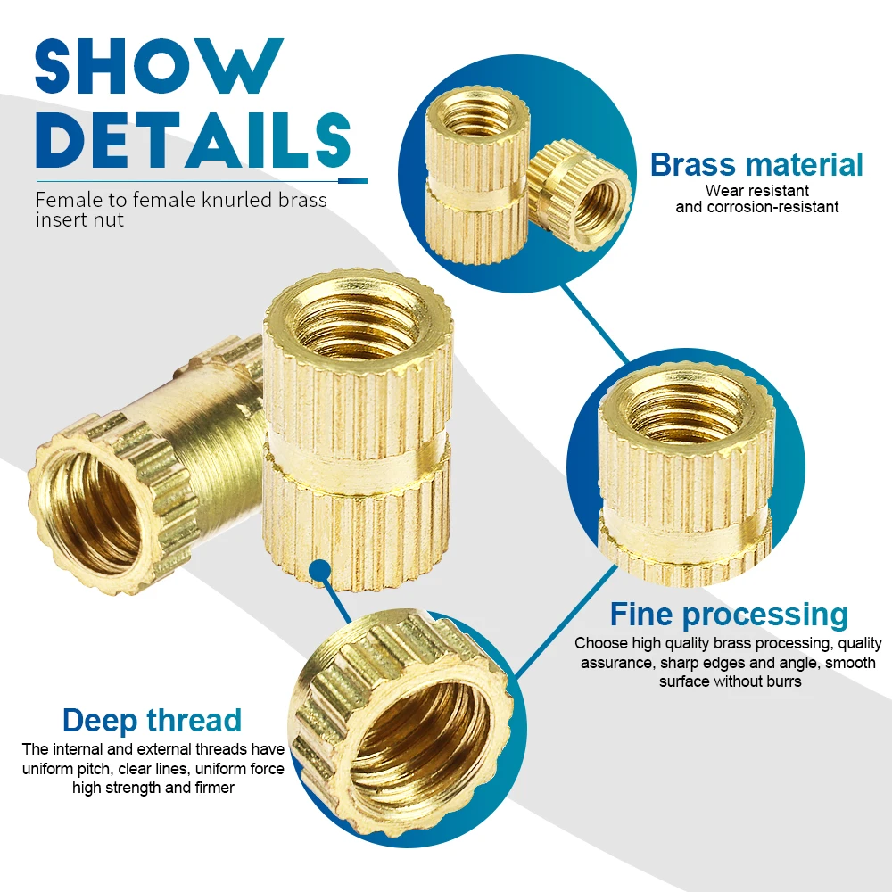 NINDEJIN 450/500pcs Brass Insert Nuts Set Female Thread Brass Molding Insert Knurled Nuts Assortment Double twill Embedded Nuts
