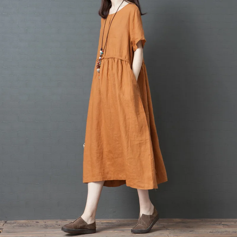 

Women's Spring And Summer New Style 2019 Korean-style Loose And Plus-sized WOMEN'S Dress-Style Flax Short-sleeve Dress