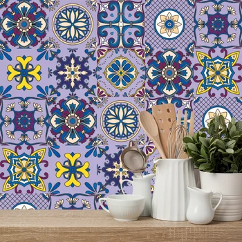 Purple Floral Ornament Ceramic Tiles Wall Sticker Kitchen Wardrobe Drawer Stairs Decoration Wallpaper Home Decor Art Wall Decals