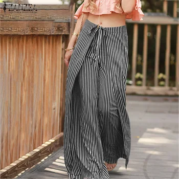 

ZANZEA Women Wide Leg Pants Ladies Striped Print Long Trousers Female Back Zipper Bottoms Pantalones Mujer Streetwear Plus Size
