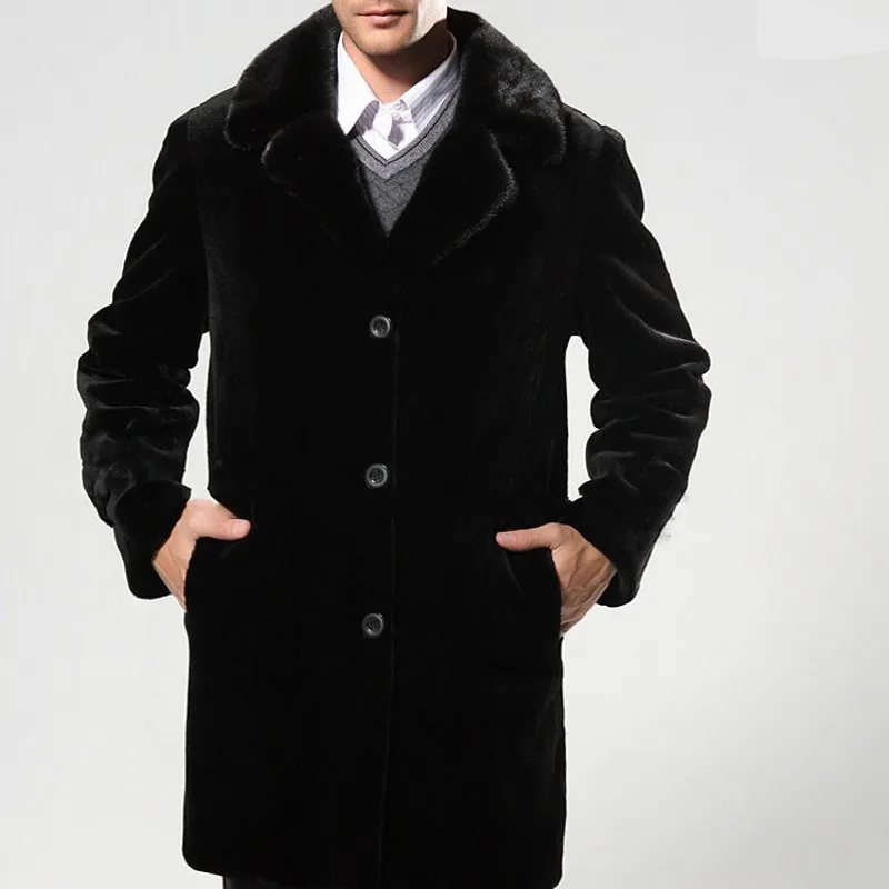 

Casual Black Business Man Outerwear Long Coat Winter Warm Faux Fur Overcoat Straight Loose Faux Mink Fur Hombre Coats Large Size