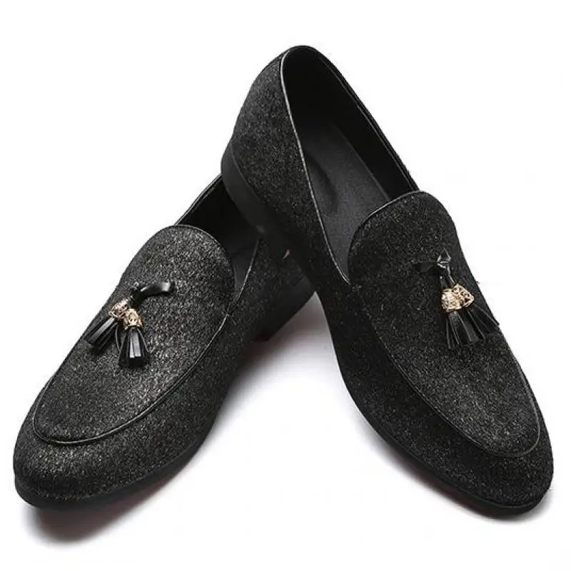 

37~48 Plus Size Black Men Fringed Loafers Slip On Dress Shoes Italian Mens Pointed Toe Tassel Loafer Wedding Formal Leather Shoe