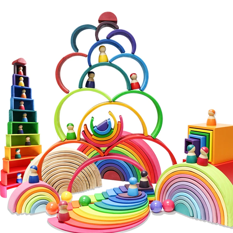 

DIY Wooden Blocks Colorful Rainbow Wood Stack Bricks Baby Large Creative Rainbow Building Block Montessori Educational Toys Gift