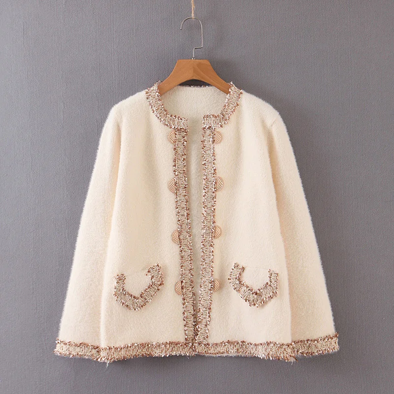 

Winter Autumn Cardigan sweater coat women tops with Lace Lock edge Mink Hair with Small Fragrance Style sweater femme chic top
