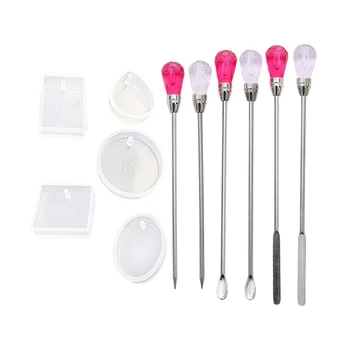 

1 Set 5 Shapes Silicone Resin Casting Moulds with Hanging Hole & 2 Sets Stirring Needle Spoon Jewelry Making Kit